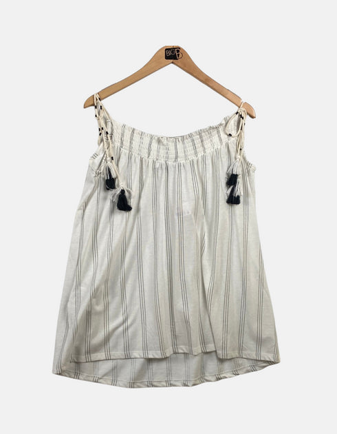 Boho Striped Off-Shoulder Dress with Tassel Details
